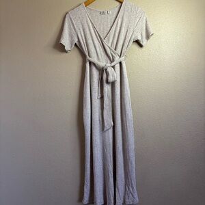 Versóna Ribbed Wrap Wide Leg Jumpsuit Beige Tie Waist XS Minimalist Casual Chic